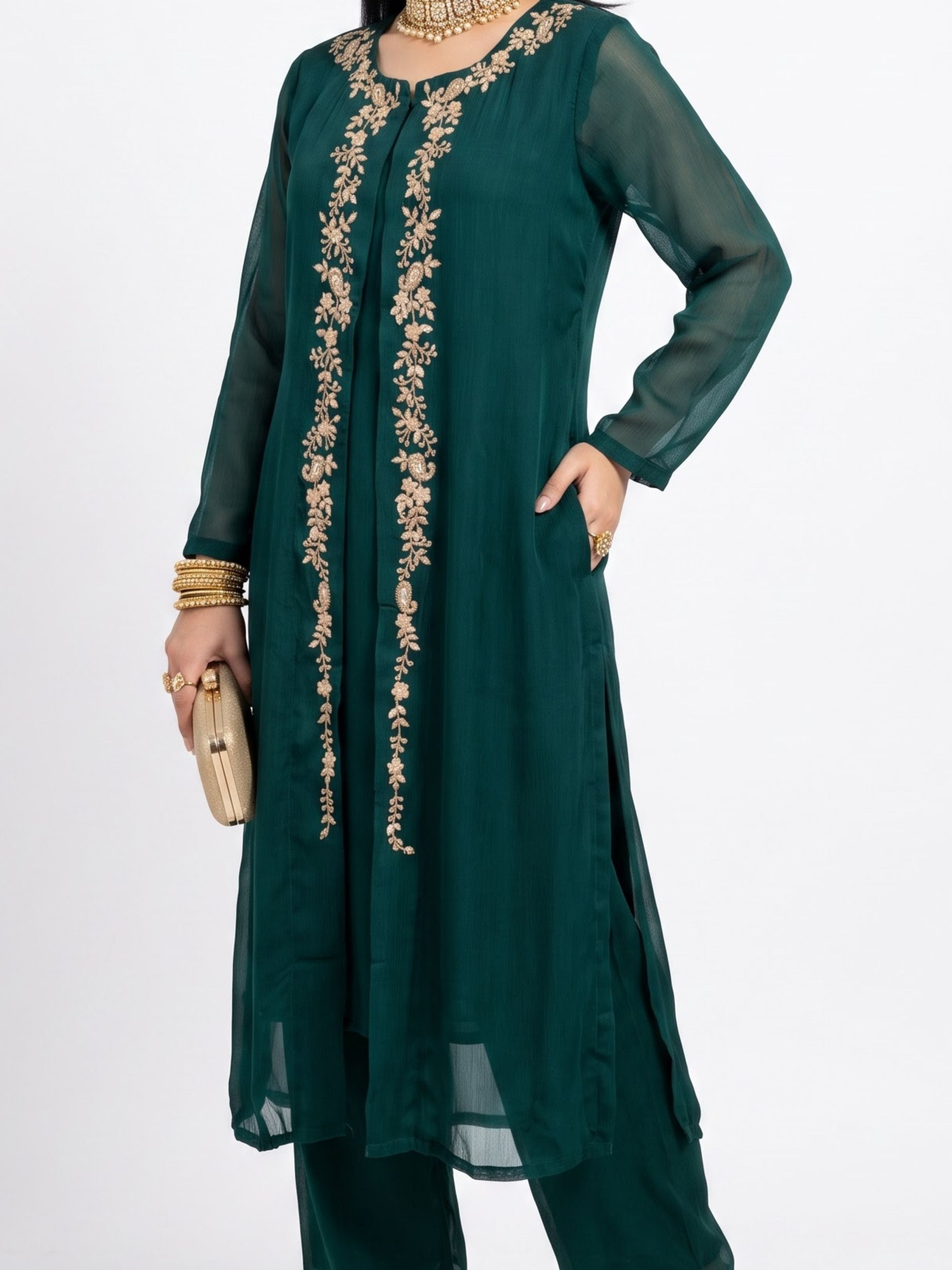 Green Chinon Shirt, Palazzo, Shrug And Dupatta with Cutdana, Sequins, Pearl and Dabka Embroidery 3